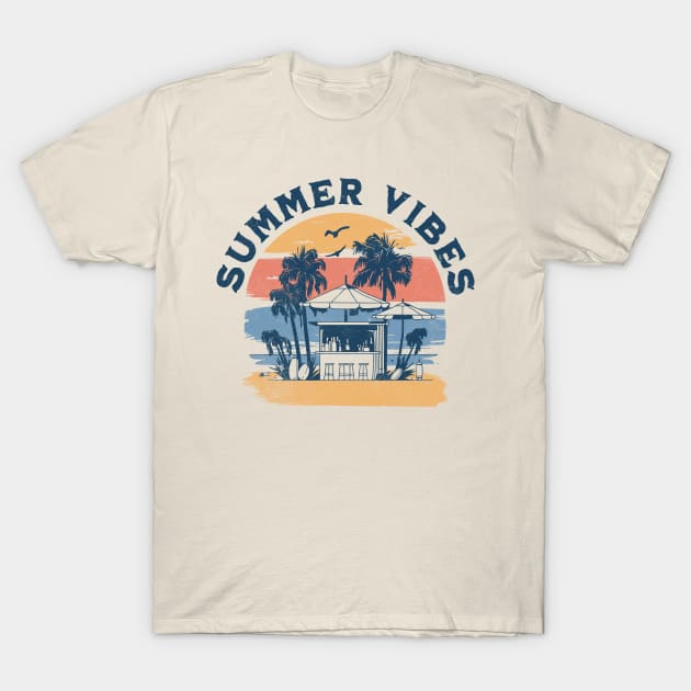 Summer Vibes - Palm Trees Beach Retro Tropical Summer T-Shirt by OrangeMonkeyArt